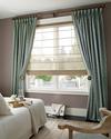 Translucent flat Roman fabric shade/blind framed by tied back drapery panels with drama and trim -- Boca Raton Florida